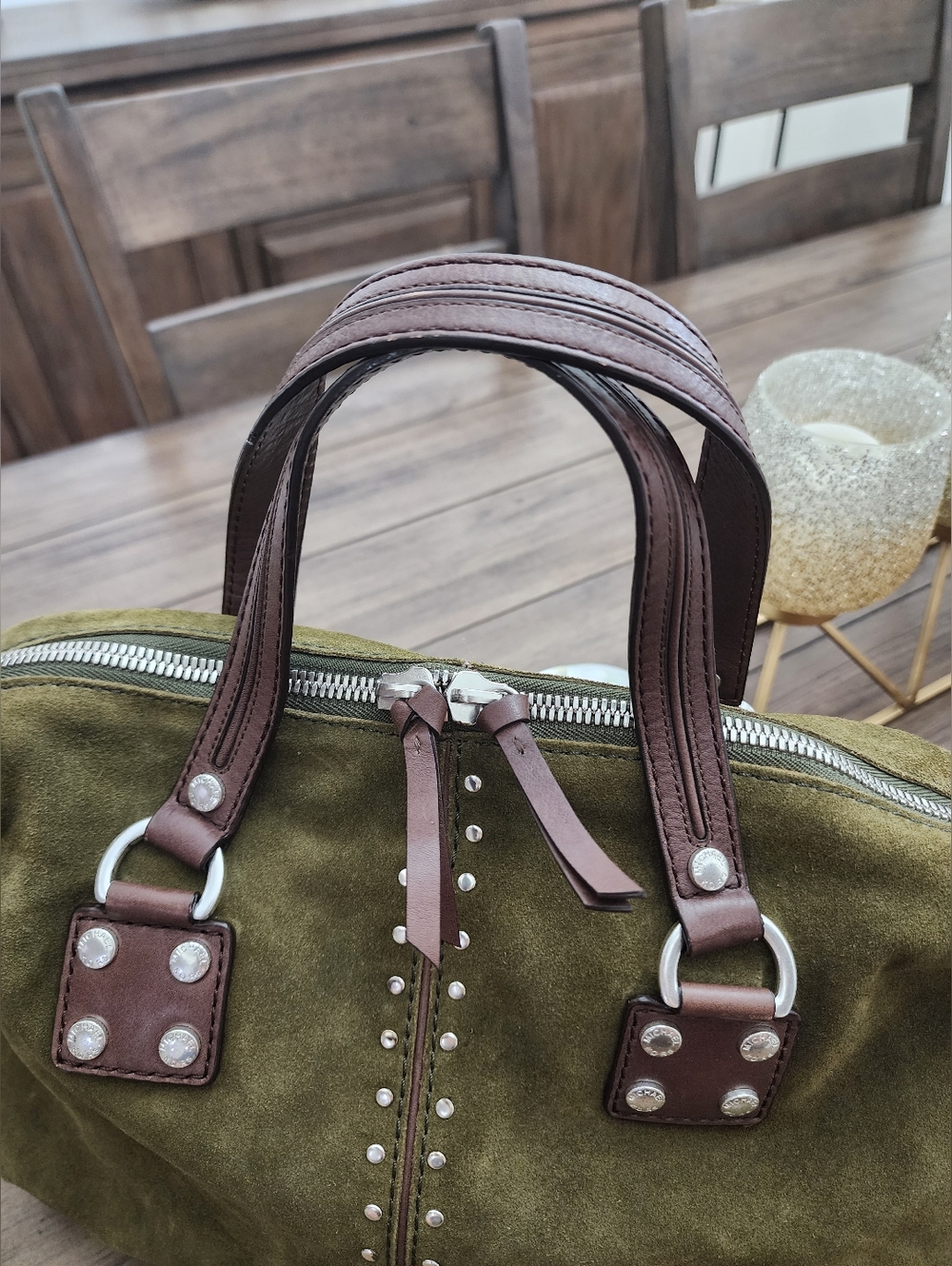 Michael Kors Olive Green Suede Silver Studded Handbag Astor Collection - Picture 5 of 13